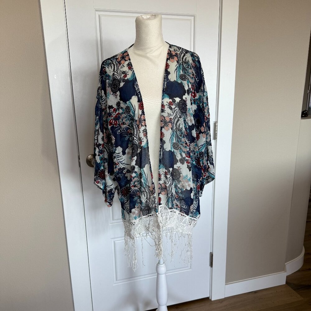 Rachel & Chloe Floral Fringe Kimono Cardigan - L